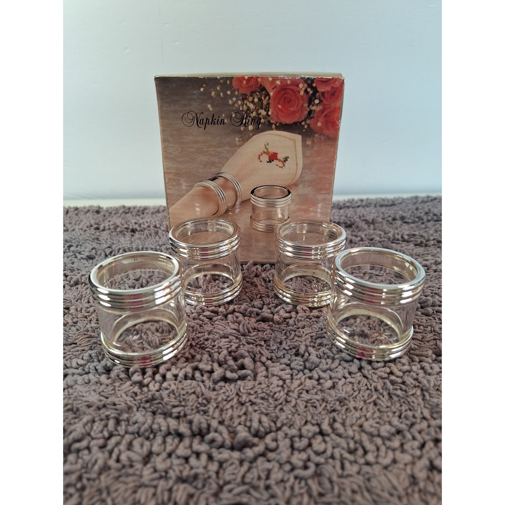 Vintage Silverplated Brass Lucite Napkin‎ Rings 4 Pc Set MCM Retro